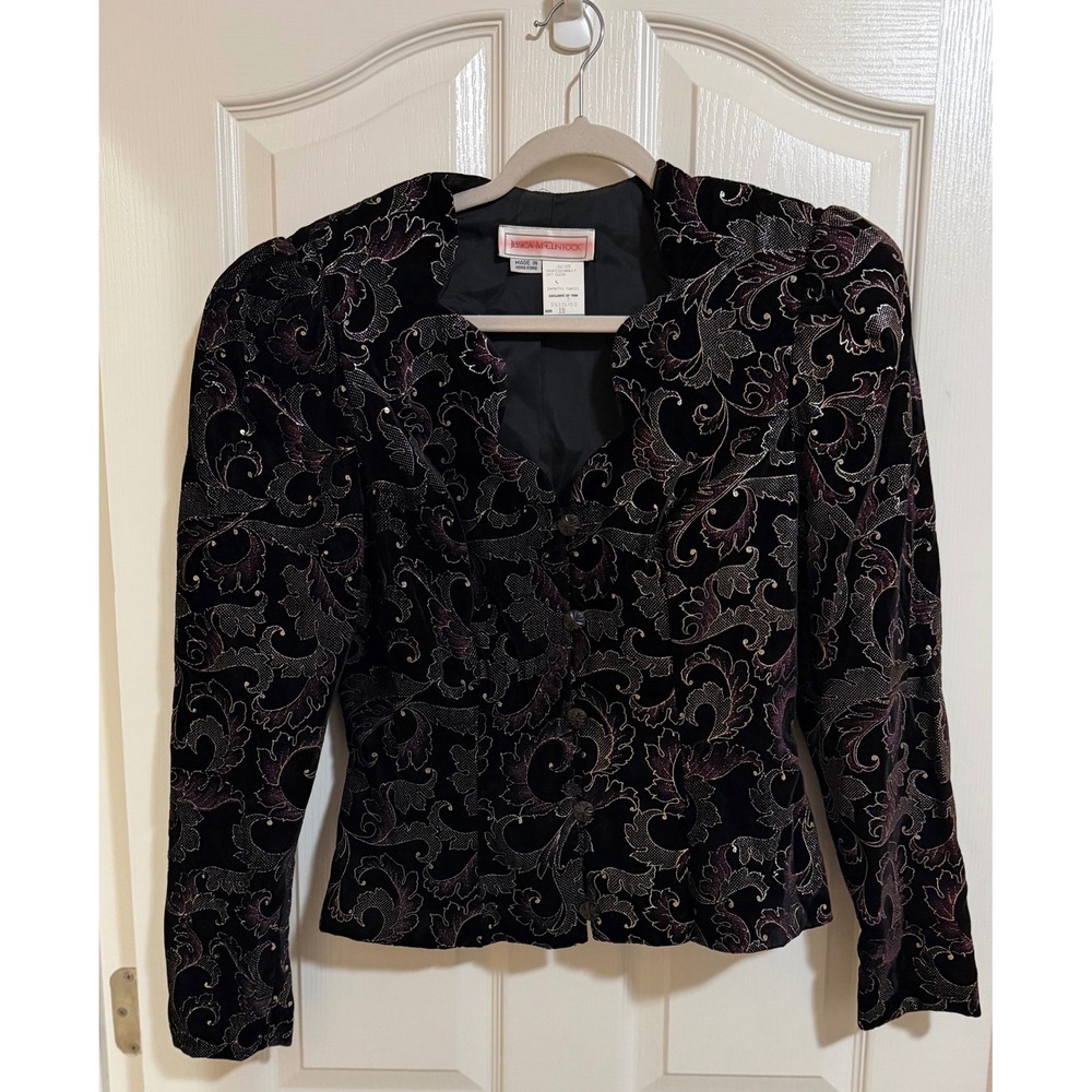 Vtg Jessica McClintock Velvet Victorian Floral Goth Whimsigoth‎ Black Blazer 10